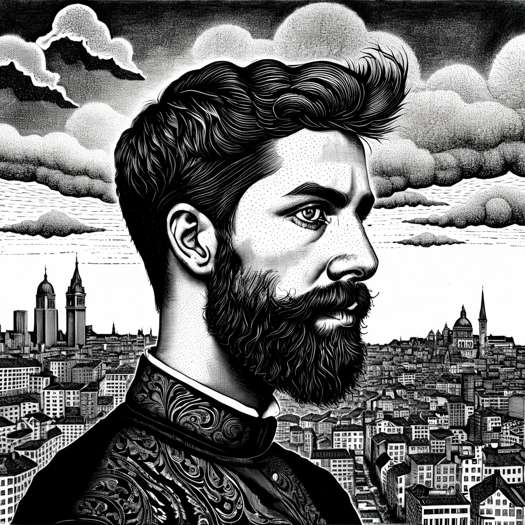 arafed drawing of a man with a beard and a city in the background, a detailed drawing by Dan Hillier, cg society contest winner, surrealism, highly detailed surrealist art, insanely highly detailed artwork, exceedingly insanely intricate, stunning artwork, insanely detailed art, 4k. detailed drawing, extremely detailed portrait, surreal + highly detailed, surreal drawing