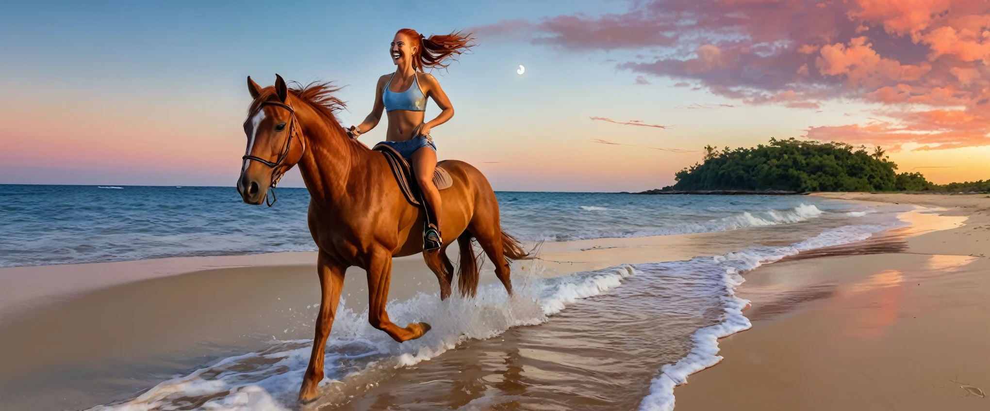 (best quality,4k,8k,highres,masterpiece:1.2),ultra-detailed,(realistic,photorealistic,photo-realistic:1.37),HDR,UHD,studio lighting,ultra-fine painting,sharp focus,physically-based rendering,extreme detail description,professional,vivid colors,landscape,photography,running horse,beautiful A beautiful 40 year old red head girl, high-ponytail Hairstyle, she is walking on the beach naked, she is smiling showing teeth, A beautiful tropical island, warm sunset, red clouds, golden reflexions on the sea,waves breaking on a reef, a small blue moon is above,