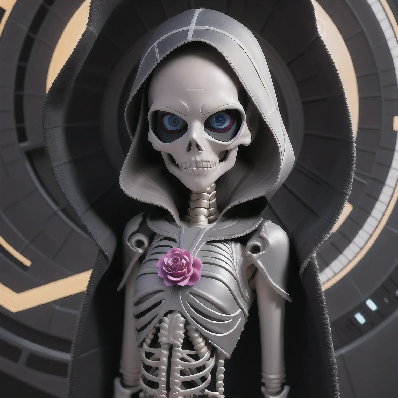 a close up of a person in a hoodedie standing in front of a clock, techwear occultist, dystopian sci-fi character, epic scifi character art, dark cyberpunk illustration, dark high-contrast concept art, dark futuristic, symmetric concept art, dark hooded wraith, skeleton with flower in hair standing against grey background, anatomically correct skeleton, skeleton girl, skeleton, skelleton, skeletal, half woman half skeleton, anatomically accurate skeleton, thin skeleton, skull bones flowers, fleshy skeletal, titanium skeleton, cute skeleton, fleshy skeletal body, flowers grow from the body, human skeleton, female death, highly detailed skeleton，epic sci - fi character art, epic sci-fi character art