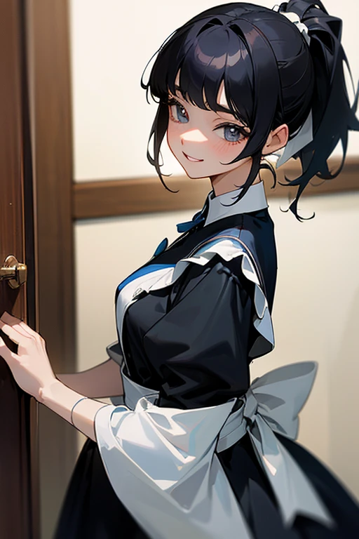ponytail、(Highest Resolution, clear_image) highest quality, Single, One woman, alone, masterpiece, Very detailed, Semi-realistic, Black Hairのショートヘア, Black Hair, bangs, 18-year-old, mature, light blue uniform, uniform, Indoor Background, kind, Authoritative, Powerful, exquisite features, exquisite features、Eyelashes become longer、Showing teeth、smile😀、Maid clothes、woman&#39;Fingers in the、Sleeping on the sofa、Long Hair、Fluttering in the wind、Cleaning in progress、Navy blue clothes、ponytail、smile、