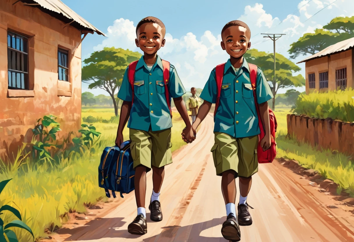 Flat colors, two boys in uniform going to school, ************, African, school bags, smiling, walking by  the road side. Holding hands.
Short hair, Beautiful colours, African face, beautiful environment, detailed, 