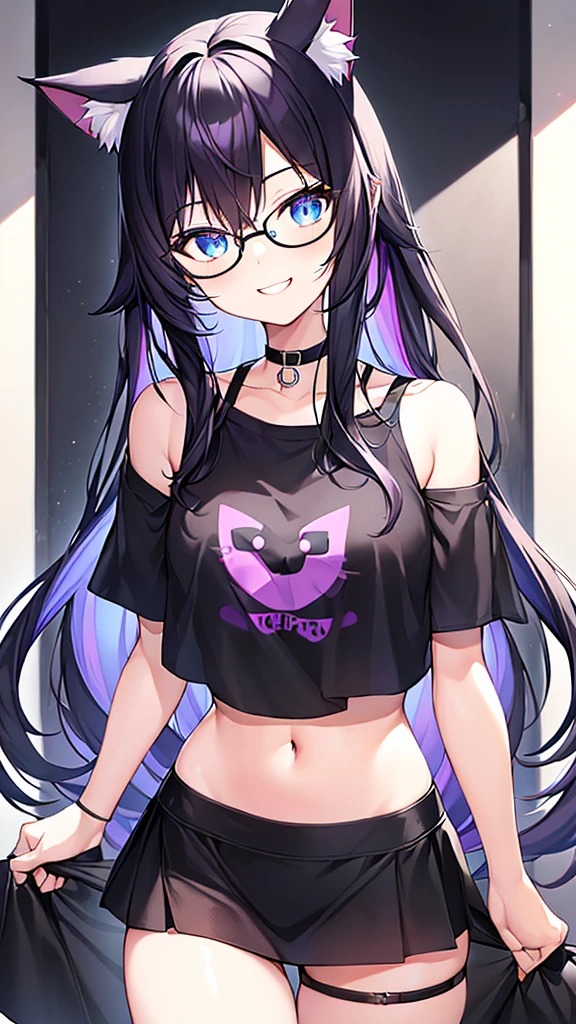 An 18-year-old cat girl with long black hair with purple ends, blue eyes, chest, and round-shaped glasses. (Black T shirt , black crop top shirt, Black off-the-shoulder shirt, Cat pattern in the middle of the shirt),school short black skirt, black panties, standing, looking down, Smiling brightly