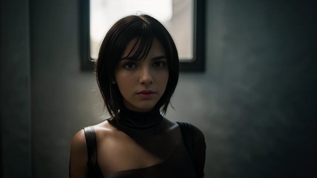 create images Una joven mujer con cabello corto, oscuro y ligeramente desordenado, con un flequillo que cae suavemente sobre su Una guerrera. He has a serious expression and an intense look with large, dark eyes that stand out on his face.. Su piel es clara y luce algunas pecas visibles. Lleva un top  con tirantes. Su piel brilla ligeramente, reflejando la luz natural que entra por una ventana cercana, realistic, 3d, style photorealistic anime 3 d stlyle, 2. 5 d cgi anime fantasy atwork, realistic anime style at prixiv, artgerm ; 3d unreal engine
