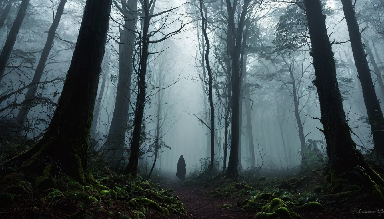 Create a digital artwork of a dense forest with a shadowy figure moving among the trees, the atmosphere thick with tension. The scene should be atmospheric and suspenseful, with the forest shrouded in mist and shadows. The shadowy figure should be partially obscured, adding to the mystery and sense of unease. Include details like towering trees, tangled undergrowth, and subtle hints of light filtering through the canopy to enhance the eerie and ominous atmosphere of the forest."
