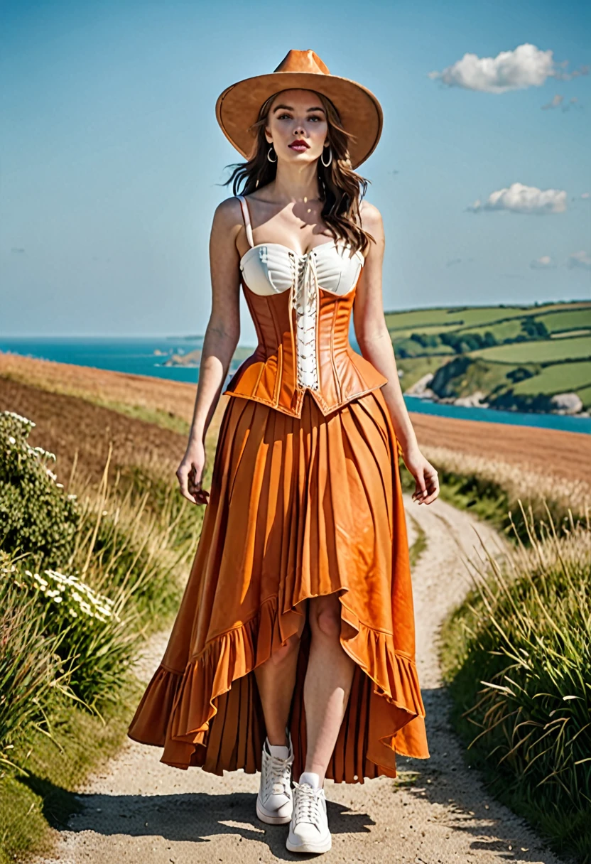 A photo of a woman model. Wearing an orange outfit. Medieval inspired. Orange dyed leather bustier corset dress. Full length dress, floaty skirt, pleated with layers. White trainers, exaggerated cowboy hat. Festival chic. Photo is outside, sunny day, countryside coastal background