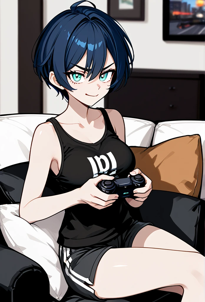 mature woman, tomboy, hot face, excited expression, (sharp eyes), cyan eyes, (short hair, pixie hairstyle, dark blue hair, dark hair), fit body, big breast, short pants, hot pants, casual clothing, (living room, normal living room), sitting on the couch, close up view, holding viewer's hand, (crossing arms), (playful smirk, playful eyes), (holding game controller), side view
