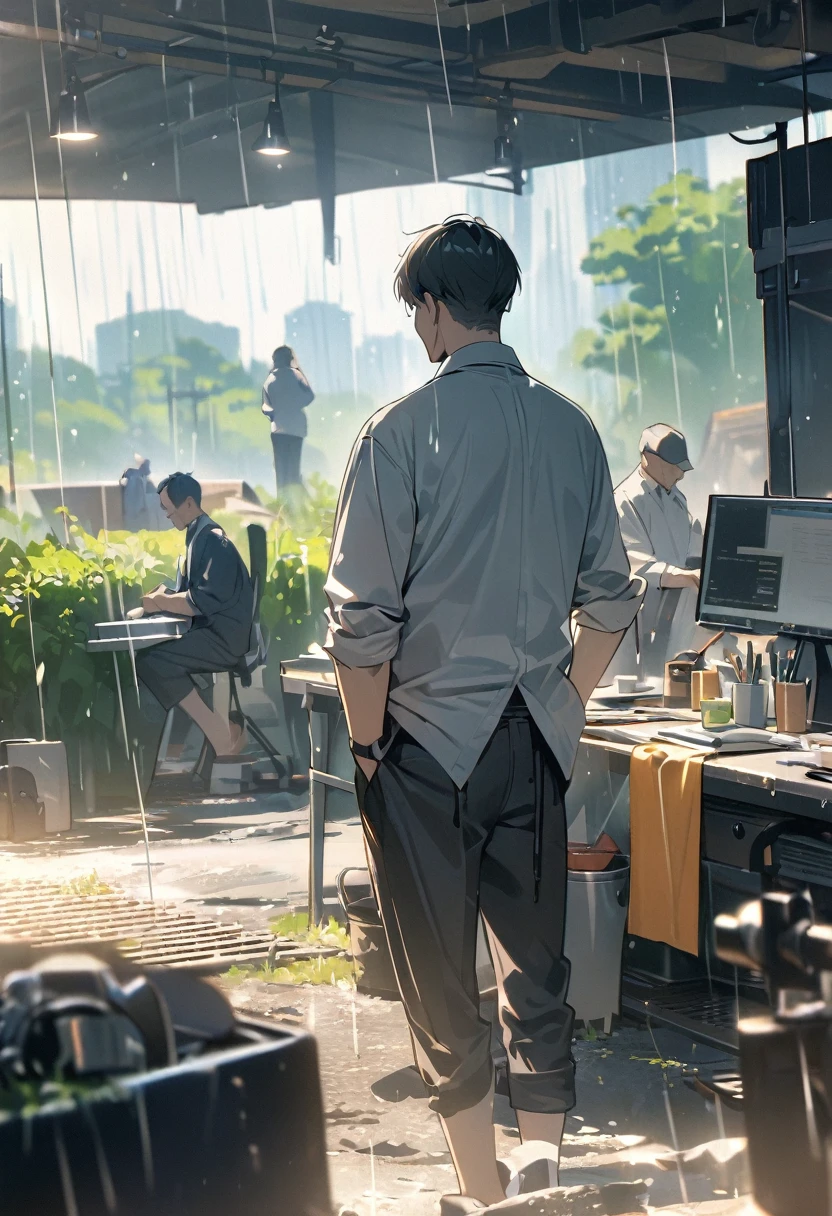(masterpiece, best quality:1.2),father，At work，Back(Behind the scenes:1.2),，outdoor，rain（8K）（HD）