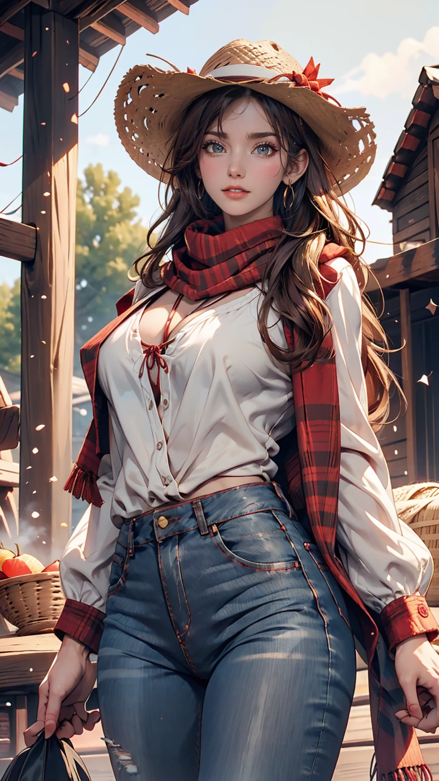 24 year old Caucasian female、Sexy proportions、Narrow waist、slender、Cowgirl、Wrap a red scarf around your neck、wear skinny jeans、Wear a checked long-sleeved shirt、On a ranch in the Midwest、Dairy Cow Background、Wearing a cowboy hat、Holding a bound whip