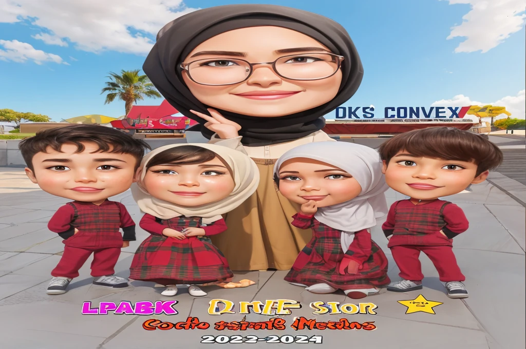 cartoon of a hijab woman with Two white hijab girls and 2 boys, wearing uniforms, Maroon checkered children's uniform, caricature illustration, digital art cartoon, caricature style, in cartoon style, cartoon artstyle, caricature, cartoon digital art, inspired by JoWOnder, cartoon portrait, potrait, caricature!!!, teacher, by Abidin Dino, inspired by Nil Gleyen, cartoon digital painting, full protrait