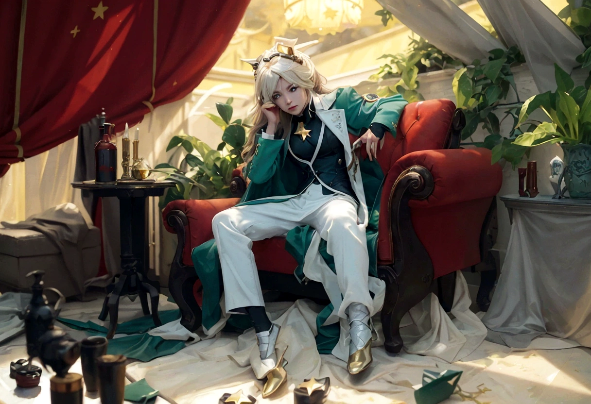 ((AVENTURINE_HONKAI STAR RAIL)),((realistic, photorealistic)),(highlight hair)), Light reflection, (( HD )),((upper body)), (((best quality, masterpiece))), (masterpiece) (best quality) (detail) (8k) (HDR) (wallpaper) (cinematic lighting) (sharp focuasterpiece, best quality: 1.1), Real life adaption of this character, Siberian face superit dirty effect, Shining green eyes, realistic outfit, realistic shadow, realistic light, realism, hyper realistic, realistic background,Realistic hair, realistic hair at the back,(photorealistic:1.2), 1man,Room background, sitting on a red sofa, holding a card, filled with gold coins,