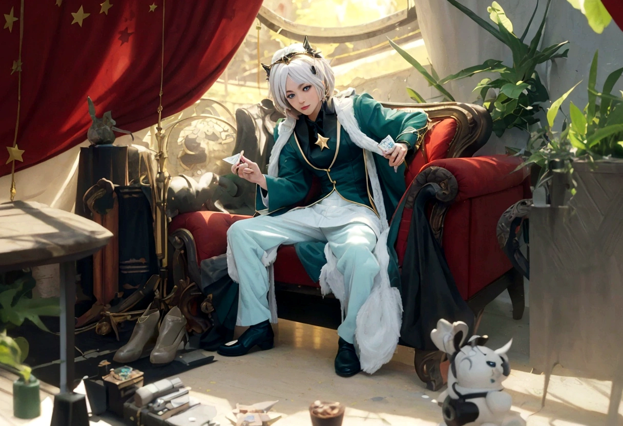 ((AVENTURINE_HONKAI STAR RAIL)),((realistic, photorealistic)),(highlight hair)), Light reflection, (( HD )),((upper body)), (((best quality, masterpiece))), (masterpiece) (best quality) (detail) (8k) (HDR) (wallpaper) (cinematic lighting) (sharp focuasterpiece, best quality: 1.1), Real life adaption of this character, Siberian face superit dirty effect, Shining green eyes, realistic outfit, realistic shadow, realistic light, realism, hyper realistic, realistic background,Realistic hair, realistic hair at the back,(photorealistic:1.2), 1man,Room background, sitting on a red sofa, holding a card, filled with gold coins,