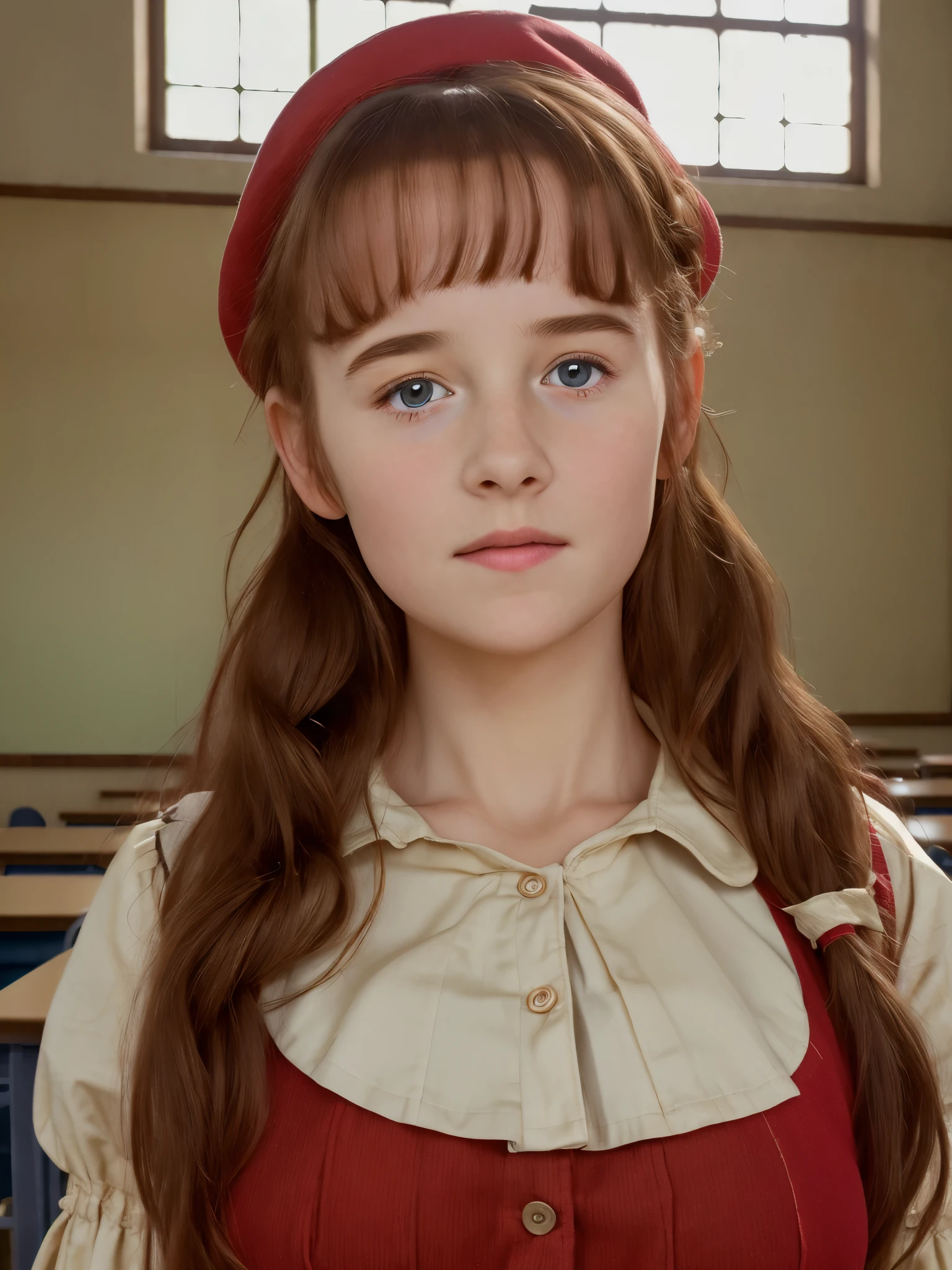 (best quality,4k,8k,highres,masterpiece:1.2),ultra-detailed,(realistic,photorealistic,photo-realistic:1.37), ((classroom, a peasant school girl, she wears dress, solo, shy)), ((very large bust size for her young age)), she wears beret, she wears no bra, braided red hair, pale skin