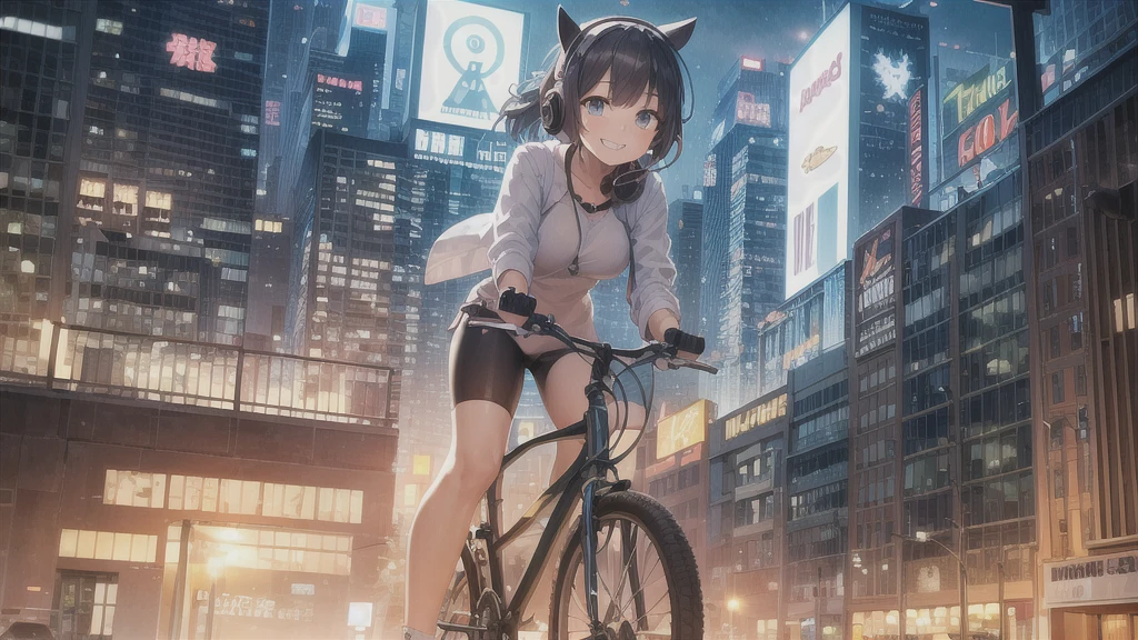 Relaxed girl listening to music with headset, smile, Detailed teeth, はにかんだsmile, Nostalgic vintage style animation, 80s city night view, bike