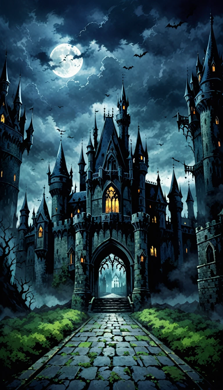 background、A gloomy scene in a horror castle、Gothic style、ダークなイメージのbackgroundの庭