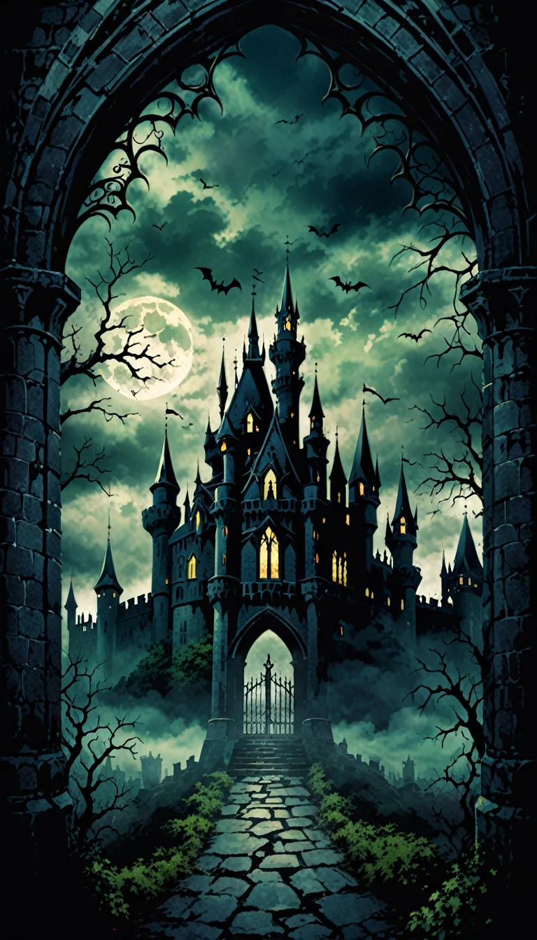 background、A gloomy scene in a horror castle、Gothic style、ダークなイメージのbackgroundの庭