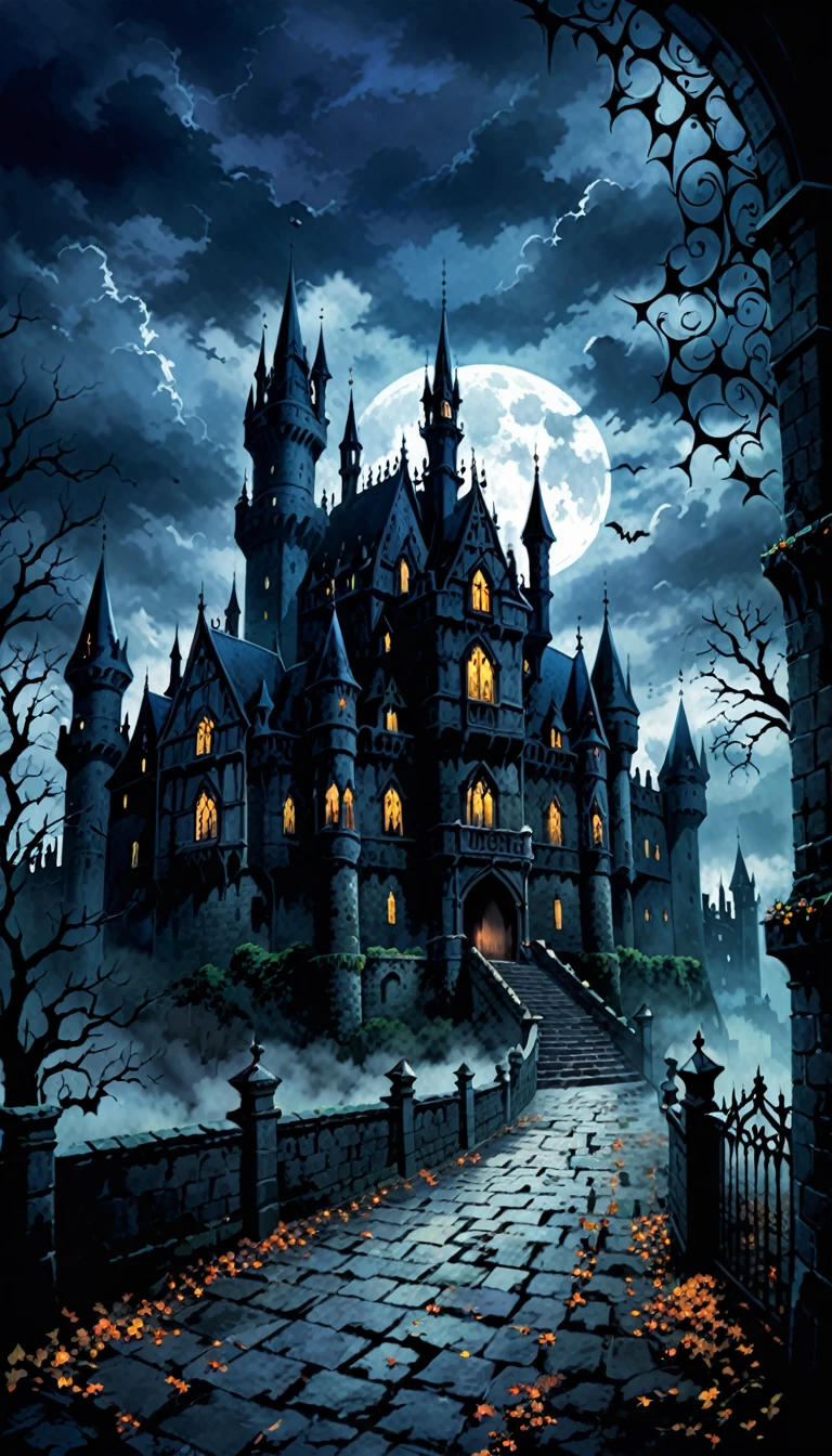background、A gloomy scene in a horror castle、Gothic style、ダークなイメージのbackgroundの庭