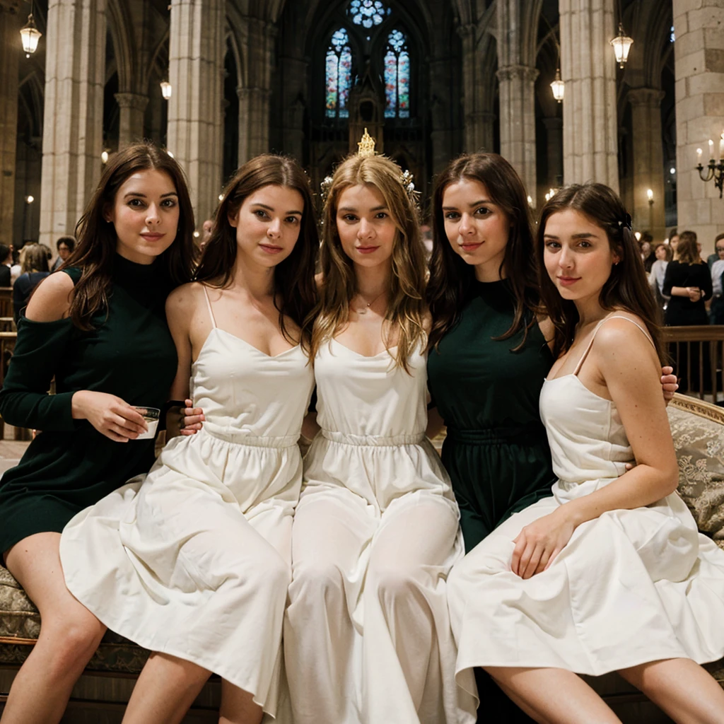 (Masterpiece, 8k, 16k, uhd, best quality, fantasy photograpy, epic imagination), 3girls from Norge (cuddling, front to back:1.2) in a "gothic Cathedral" at midnight, beautiful, tender, late night, reading a book, chilled drink aisle, film scene, cinematic lighting, intense indoor white tube lighting, black dresses, green dressees, rose dresses, woman blonde, woman hair black, woman redhead, big tits