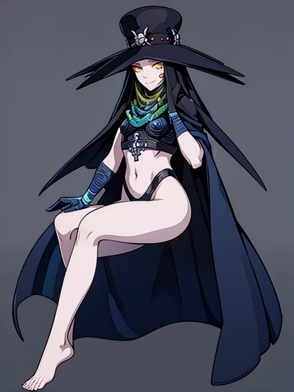 Masterpiece, best quality, Scathach, solo, female1, shin megami tensei, cape hat, blue and blue cape, flower tattoo, white gloves, white skin, (yellow eyes 1.1), flowing, sitting, shirt, smile, park