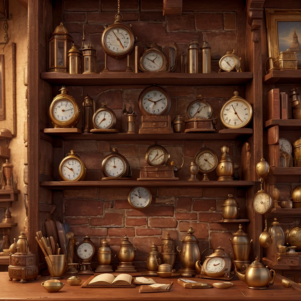 Impressive ultra-high resolution 3D scene, showing watches, in an antique store. Beautifully drawn to the smallest detail. apparently, like an old watch on a chain in the background, lying on the shelf. Various things in the background, antiques.Making a Dreamer, Magic effect. The general atmosphere is soft, Full of hope and calm