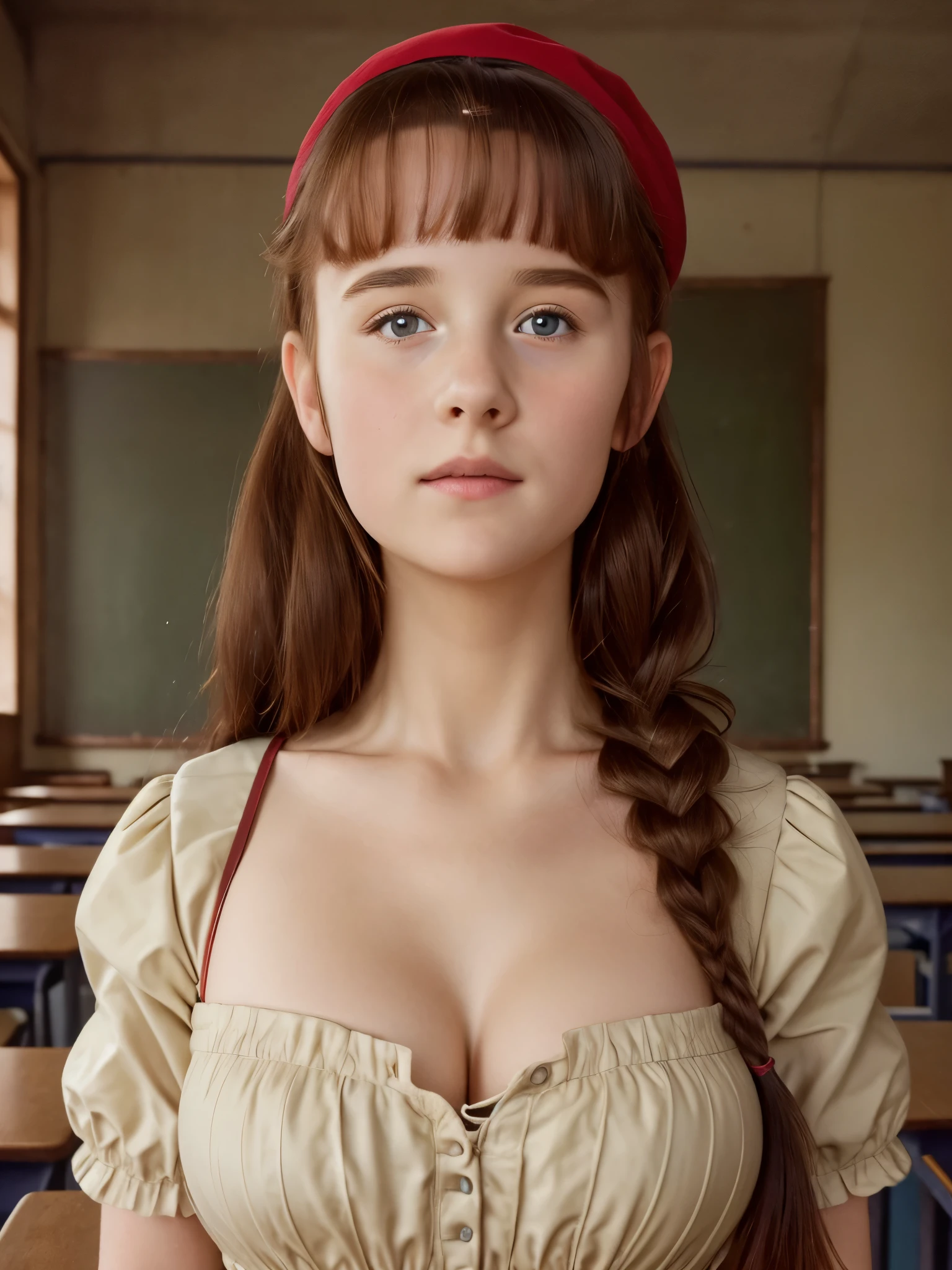(best quality,4k,8k,highres,masterpiece:1.2),ultra-detailed,(realistic,photorealistic,photo-realistic:1.37), ((mittelalter, classroom, a young girl, she wears dress, solo, shy)), ((very large bust size for her young age)), she wears beret, she wears no bra, braided red hair, pale skin