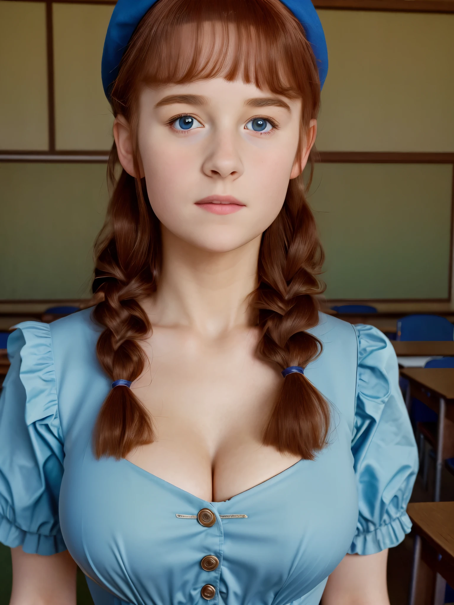(best quality,4k,8k,highres,masterpiece:1.2),ultra-detailed,(realistic,photorealistic,photo-realistic:1.37), ((mittelalter, classroom, a young girl, she wears dress, solo, shy)), ((very large bust size for her young age)), she wears beret, she wears no bra, braided red hair, pale skin