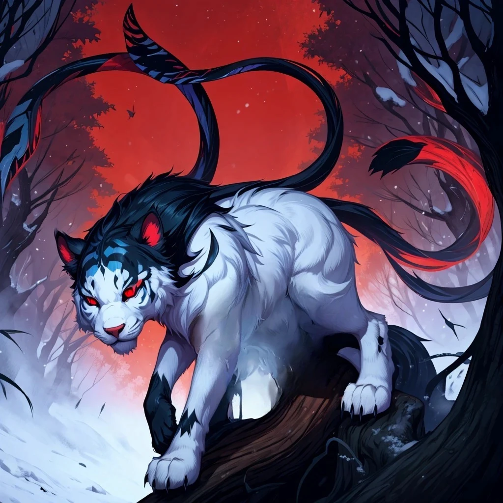 White wool, Black stripes on wool, Red eyes, against the backdrop of a snowy forest