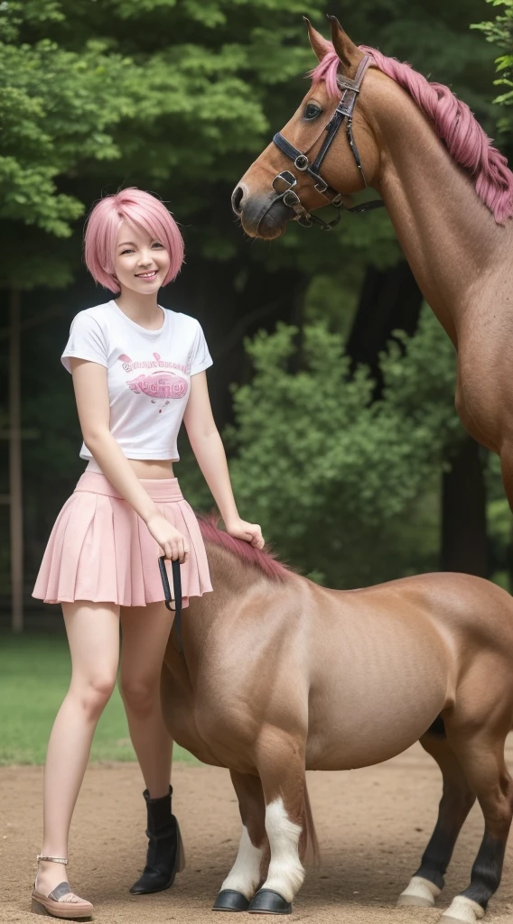 masterpiece, 最high quality, 18 year old girl,Pink Hair ,short hair,alone, ,Facing forward,smile,Smile,high quality,mini skirt,horse riding