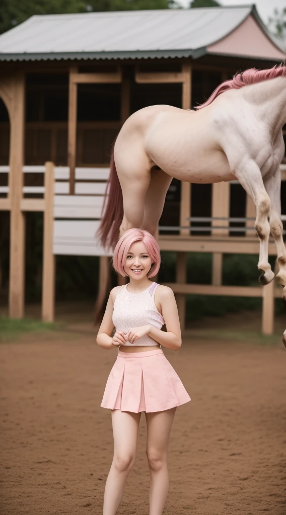 masterpiece, 最high quality, 18 year old girl,Pink Hair ,short hair,alone, ,Facing forward,smile,Smile,high quality,mini skirt,horse riding
