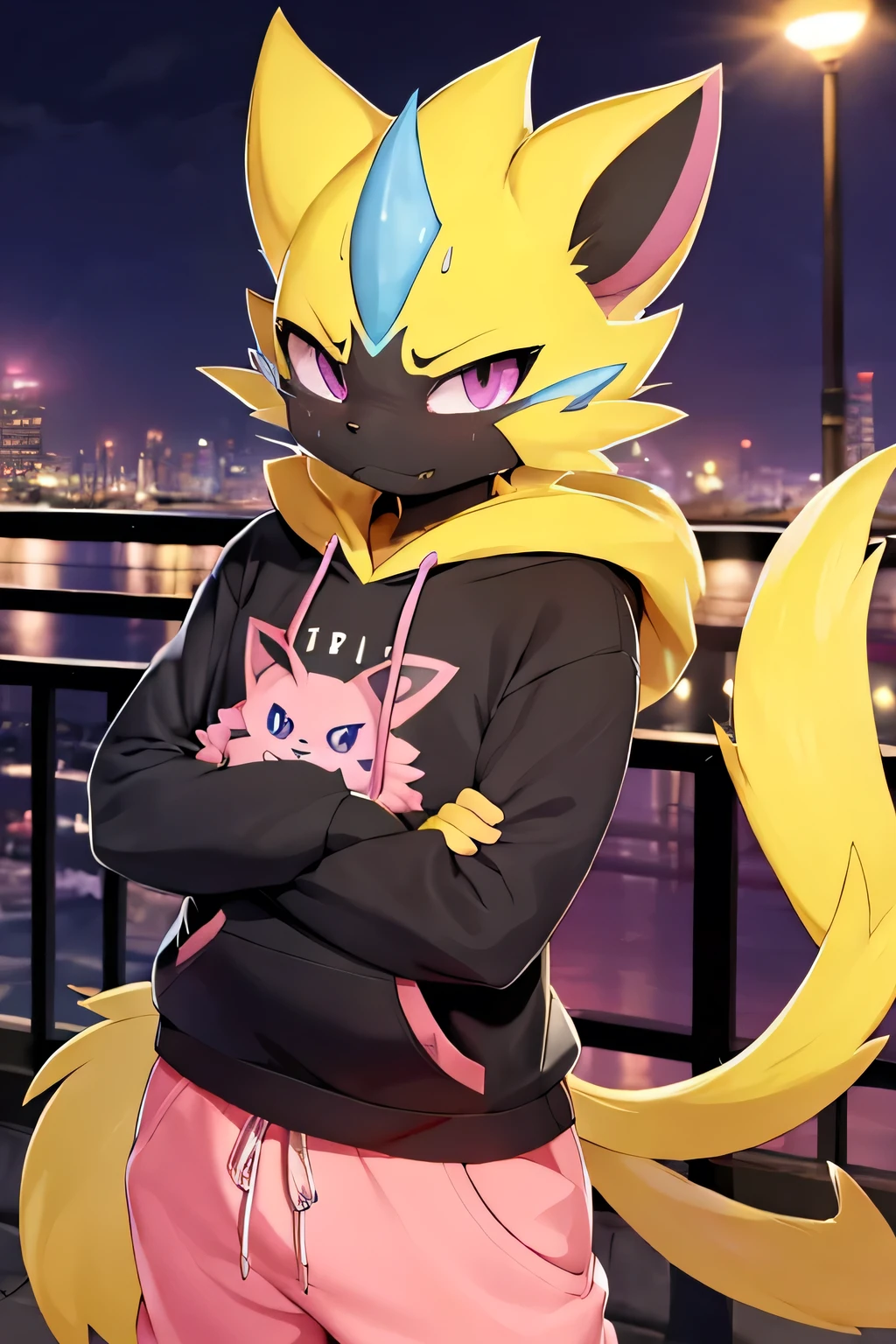 zeraora, face tilted up, ((face focus)), darker image, cute, (Amazing facial features), ((kawaii)), chill, ((face unhappy)), pink baggy hoody, big sweat pants, on bridge, Night city, (standing slumped), night time, low lighting, purple hue, (camera close to face), visible tooth