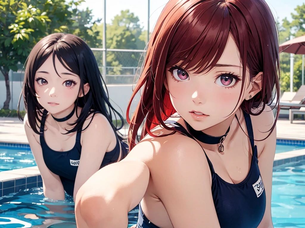 beautiful young woman, anime style, detailed face, red hair, hair down, large eyes, pink eyes, delicate features, soft lighting, wearing a choker, wearing a school swimsuit, by the pool, water reflections, relaxed posture, sunny day, detailed background, Japanese anime style, hand-drawn, high quality, highly detailed, 8k resolution, cinematic lighting, best quality, vibrant colors