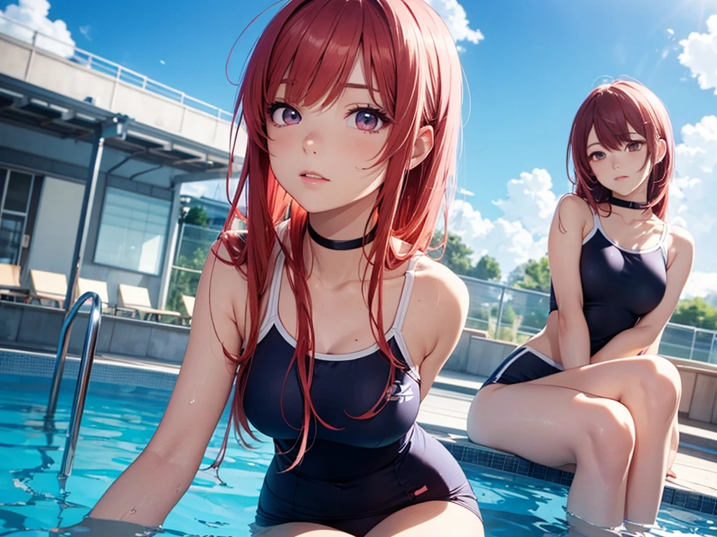 beautiful young woman, anime style, detailed face, red hair, hair down, large eyes, pink eyes, delicate features, soft lighting, wearing a choker, wearing a school swimsuit, by the pool, water reflections, relaxed posture, sunny day, detailed background, Japanese anime style, hand-drawn, high quality, highly detailed, 8k resolution, cinematic lighting, best quality, vibrant colors