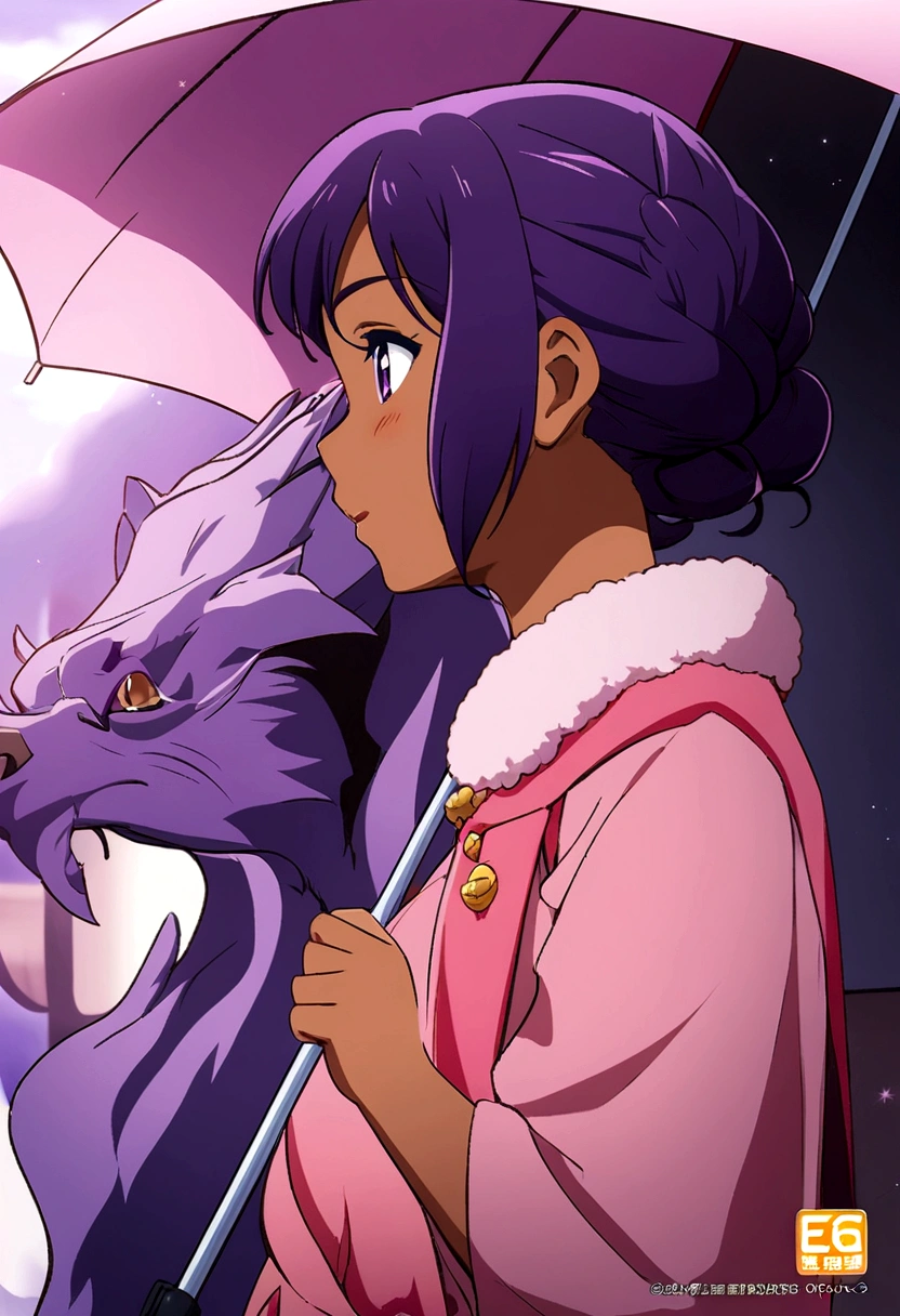 a girl with purple hair and pink dress holding a pink umbrella, happy!!!, anime cover, ❤🔥🍄🌪, ☁🌪🌙👩🏾, by Ei-Q, 😃😀😄☺🙃😉😗, profile picture, Beasts, official artwork, 🪔 🎨;🌞🌄
