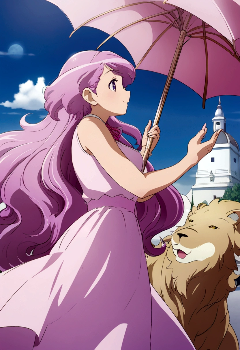 a girl with purple hair and pink dress holding a pink umbrella, happy!!!, anime cover, ❤🔥🍄🌪, ☁🌪🌙👩🏾, by Ei-Q, 😃😀😄☺🙃😉😗, profile picture, Beasts, official artwork, 🪔 🎨;🌞🌄
