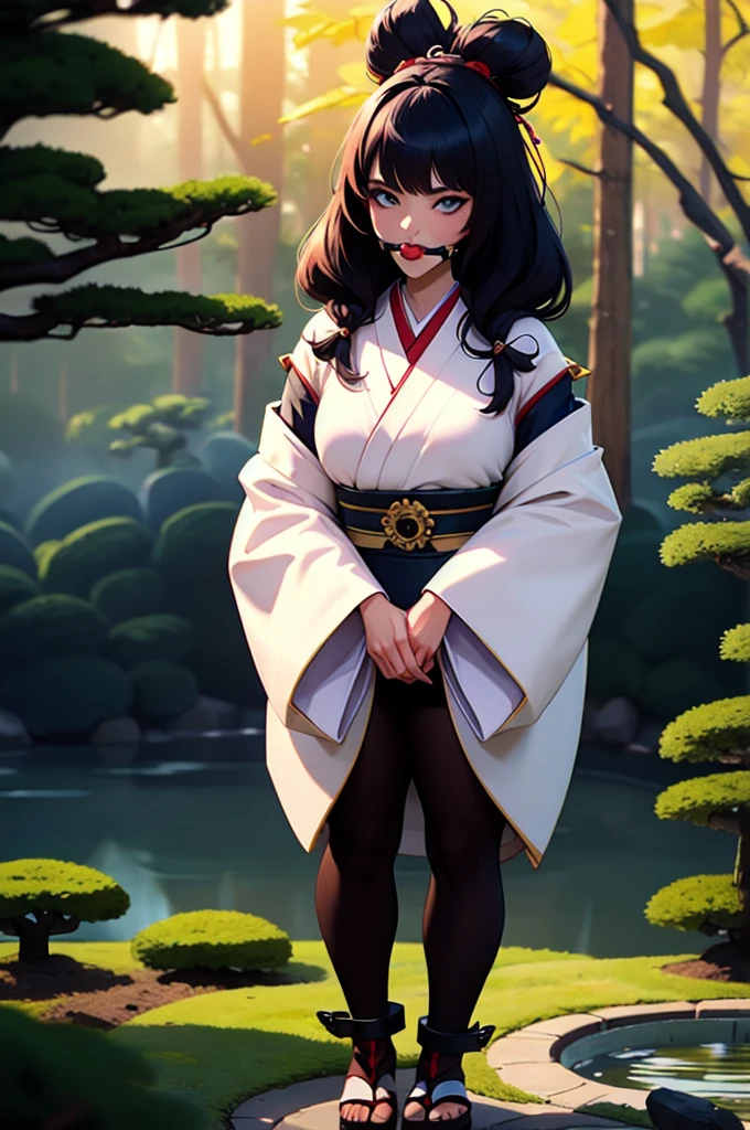 1girl, solo, closeup, bucklepanelgag,  beautiful woman, high quality, high detail, best quality, high res, standing, [[[mouthmask]]] l3atherharness  Feudal Japan, Mount Fuji, (Japanese garden exterior:1.1) background, dark mysterious lighting, shadows, magical atmosphere, dutch angle,