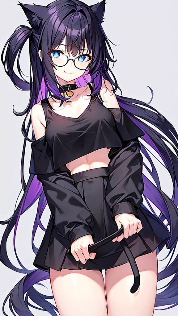 An 18-year-old cat girl with long black hair with purple ends, blue eyes, chest, and round-shaped glasses. (Black T shirt , black crop top shirt, Black off-the-shoulder shirt, Cat pattern in the middle of the shirt),school short black skirt, black panties, standing, looking down, Smiling brightly