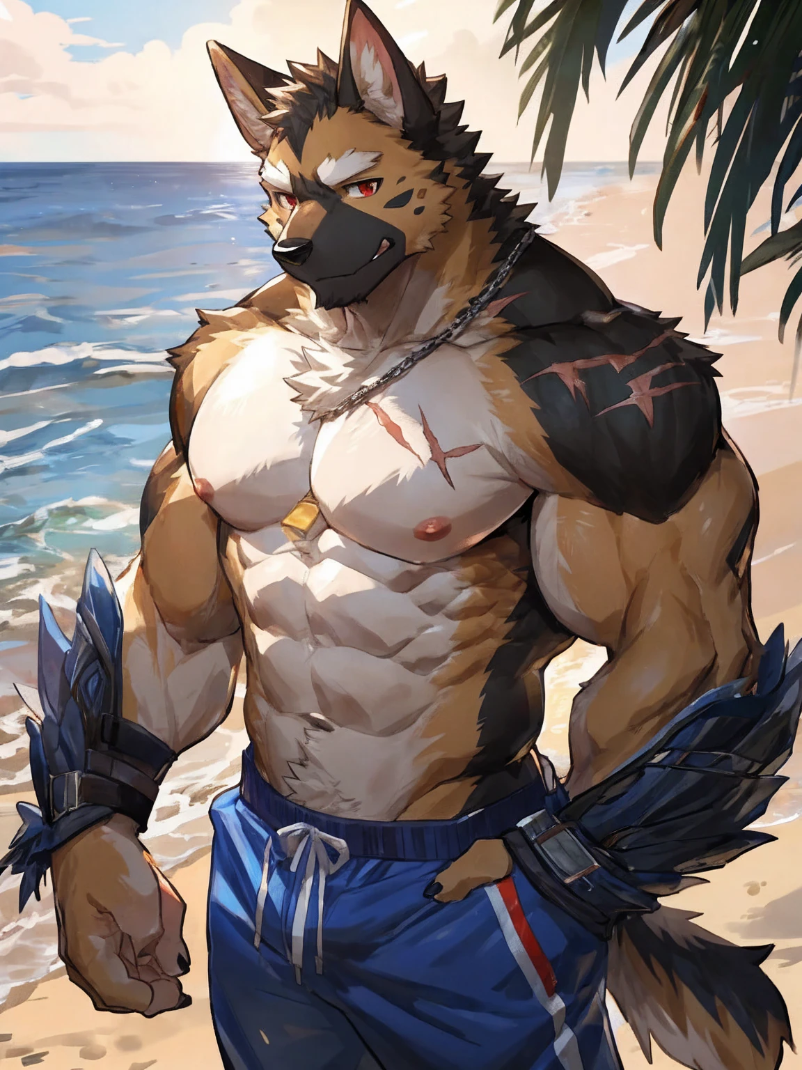 embedding:German shepherd, male,Very pale red eyes,Scar on the face, Single Person,A swimsuit,Beach Pants，Mature, The highest quality of scene detail,adult,Tall and powerful,muscle，Best quality hands, best quality eye，detailed fur，Delicate eyes.Extreme picture quality，by sollyz,by zixiong,by milkytiger1145