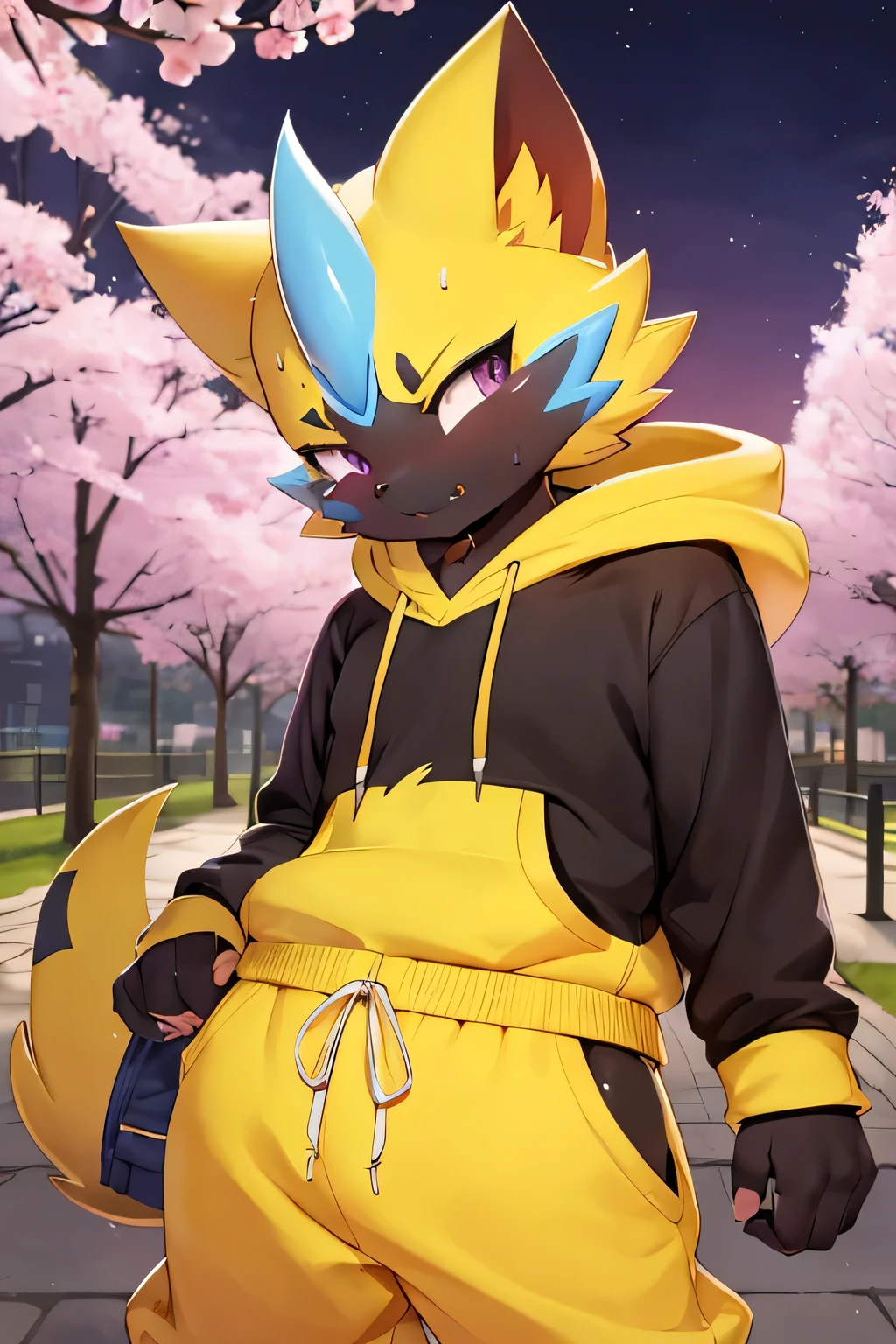 zeraora, ((face focus)), darker image, cute, (Amazing facial features), ((kawaii)), chill, ((face unhappy)), baggy hoody, big sweat pants, outside cherry blossoms, (standing slumped), night time, low lighting, purple hue, (camera close to face),