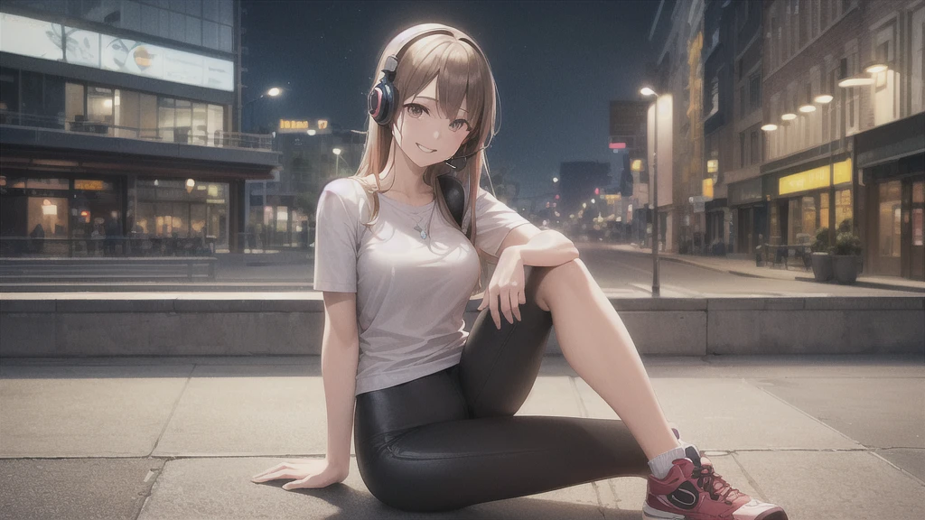 (In 8K, Ultra-high resolution, Best Quality, Masterpiece:1.2), (Realistic illustrations), (Highly Detailed CG Unity 8K Wallpaper), Relaxed girl listening to music with headset, smile, Detailed teeth, はにかんだsmile, Nostalgic vintage style animation, 80s city night view, bike