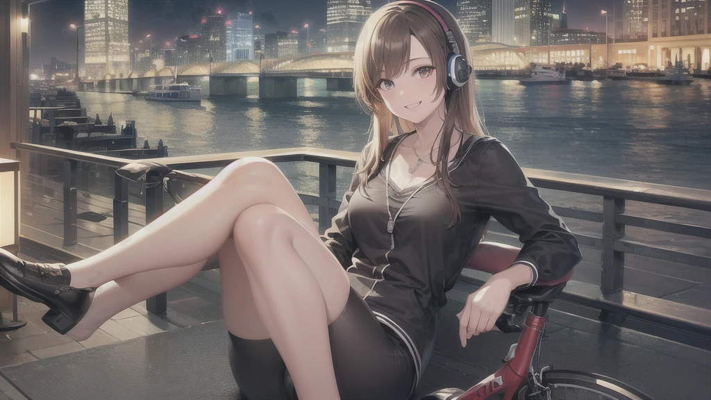 (In 8K, Ultra-high resolution, Best Quality, Masterpiece:1.2), (Realistic illustrations), (Highly Detailed CG Unity 8K Wallpaper), Relaxed girl listening to music with headset, smile, Detailed teeth, はにかんだsmile, Nostalgic vintage style animation, 80s city night view, bike