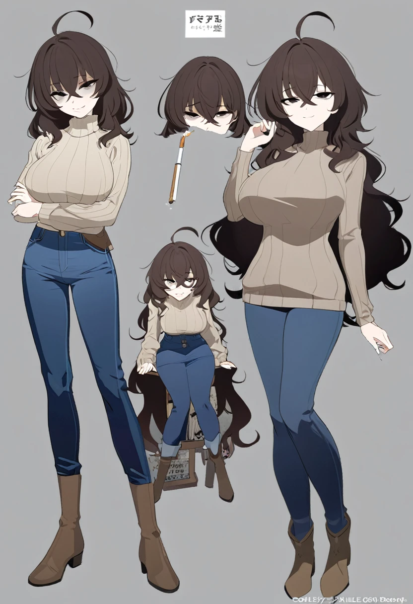 One Woman,Downer,older sister,Concept Art,Dark brown hair,Straight hair with slight inward curls,Staring eyes,Eye Ridge,black eye,Crossed bangs,whole body,smile,Larger breasts,Gray background,Bangs that reach down to the eyes,Messy hair,Tight dark jeans,Light brown turtleneck sweater,Multiple views of the same character,Character Design,Dark circles under the eyes,Bad look,Listless,Sloppy,accessories,Cafe staff,Holding a cigarette,whole bodyCharacter Design,Detailed hands,Height: 170cm,boots,