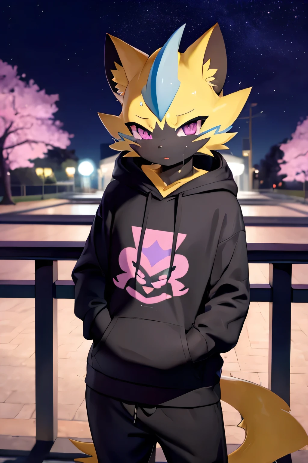 zeraora, darker image, cute, (Amazing facial features), ((kawaii)), chill, baggy hoody, big sweat pants, outside cherry blossoms, (standing slumped), night time, low lighting, purple hue, (camera close to face), pov selfie, portrait photo