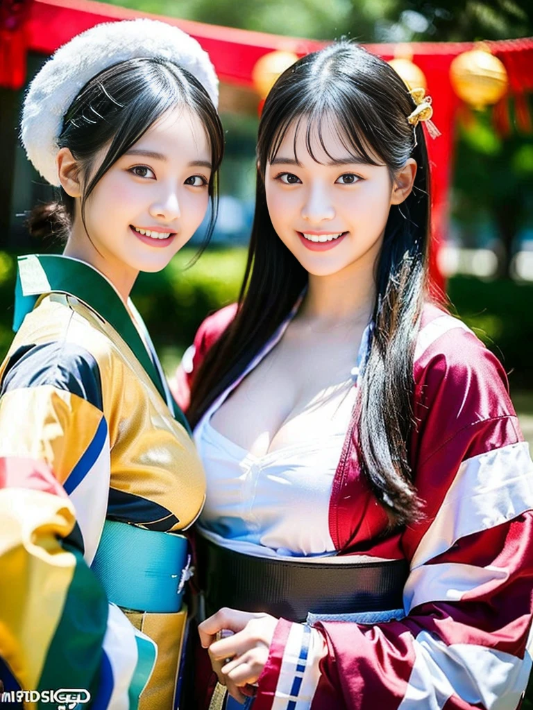 (Super cute Korean gal high school girls duo taking photos side by side 1.2)(grin,Smile)(Beautiful Sweat:1.1)(16k, RAW Photos, highest quality, masterpiece: 1.2),(Mr.々Beautiful black hair with a simple hairstyle:1.2) Super detailed, Super Resolution, (Genuine, Genuine photos: 1.37), Portraiture, High-resolution RAW color photos, Professional photos, Very detailed, 8k wallpaper, Very detailed CG Unity 8k wallpaper, Very detailed beautiful girls, Very detailed faces, ((whole body)), beautiful woman, Huge breasts,(huge boobs:1.1) (Big Boobs:1.1),high school girl, Korean Girls,(K-POP Female Idols), (Idol-class beauty)(Beautiful high school girl:1.1)(屋台がいっぱいあるshrineの夏祭り:1.2)(18-year-old)(Stylish kimono-style outfit:1.1)(Group photo:1.3)shrine,yukata,