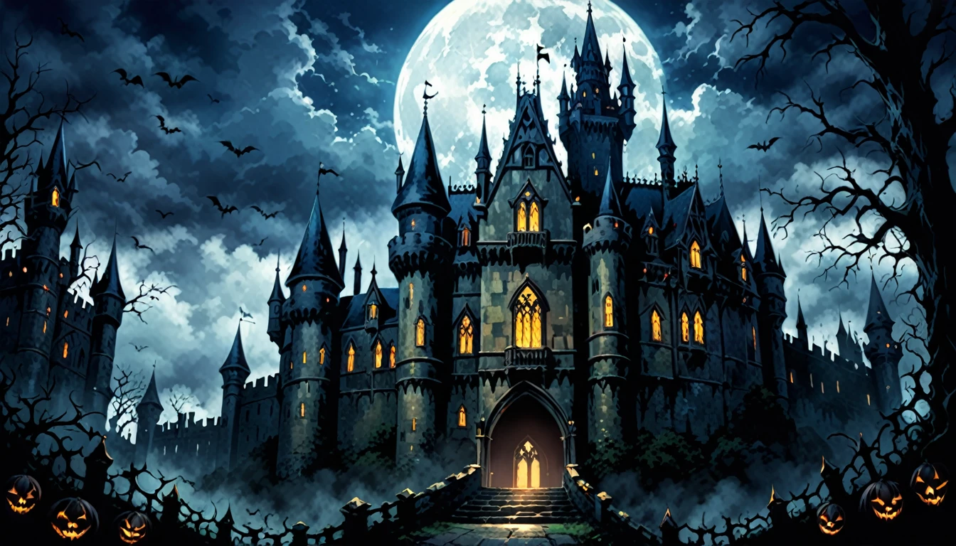 background、A gloomy scene in a horror castle、Gothic style、ダークなイメージのbackgroundの庭