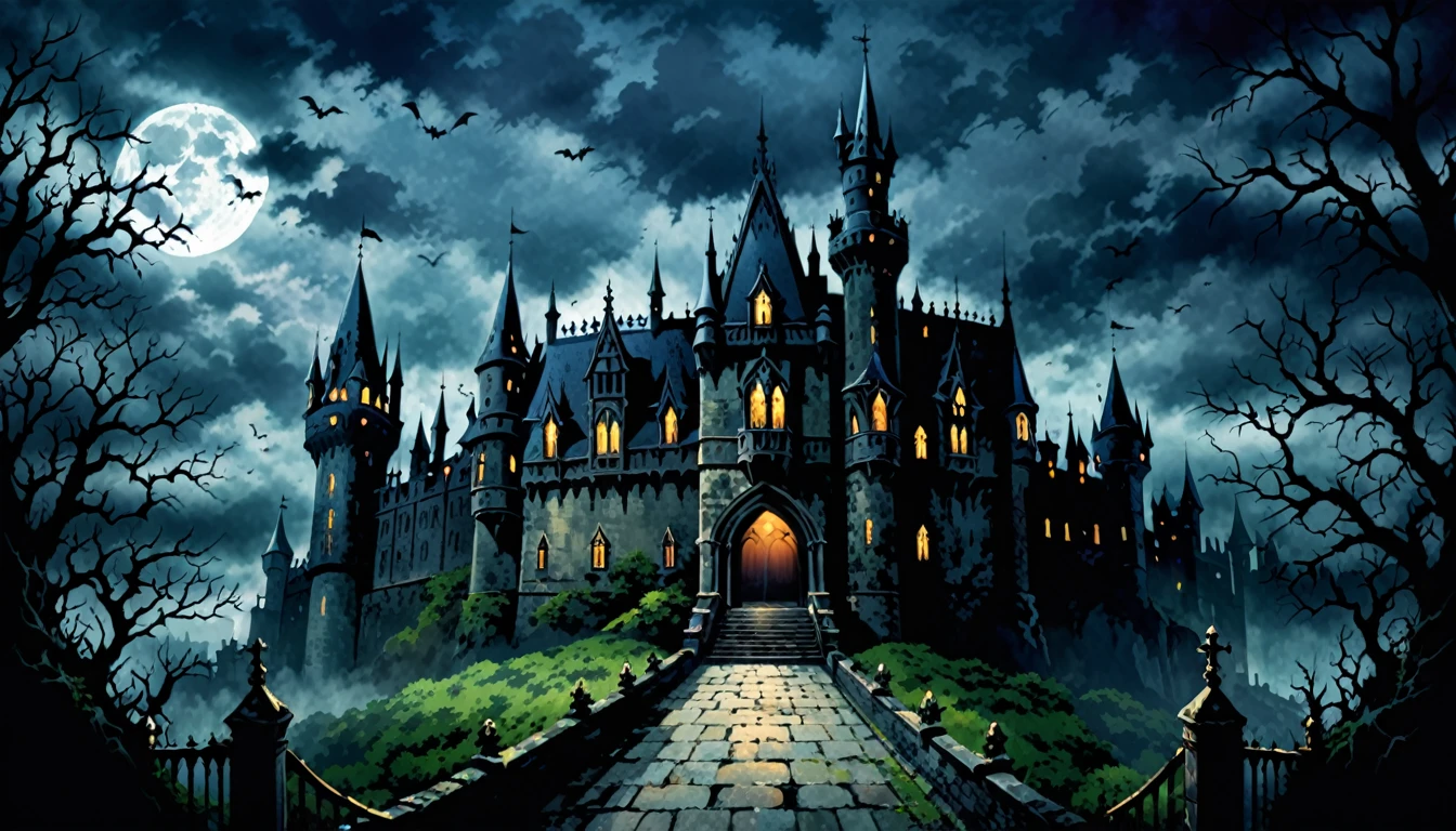 background、A gloomy scene in a horror castle、Gothic style、ダークなイメージのbackgroundの庭