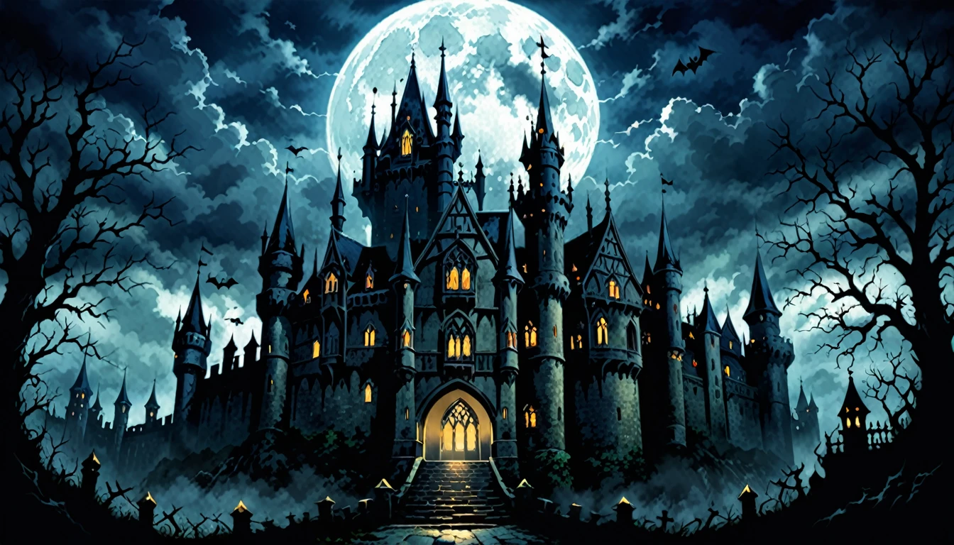 background、A gloomy scene in a horror castle、Gothic style、ダークなイメージのbackgroundの庭