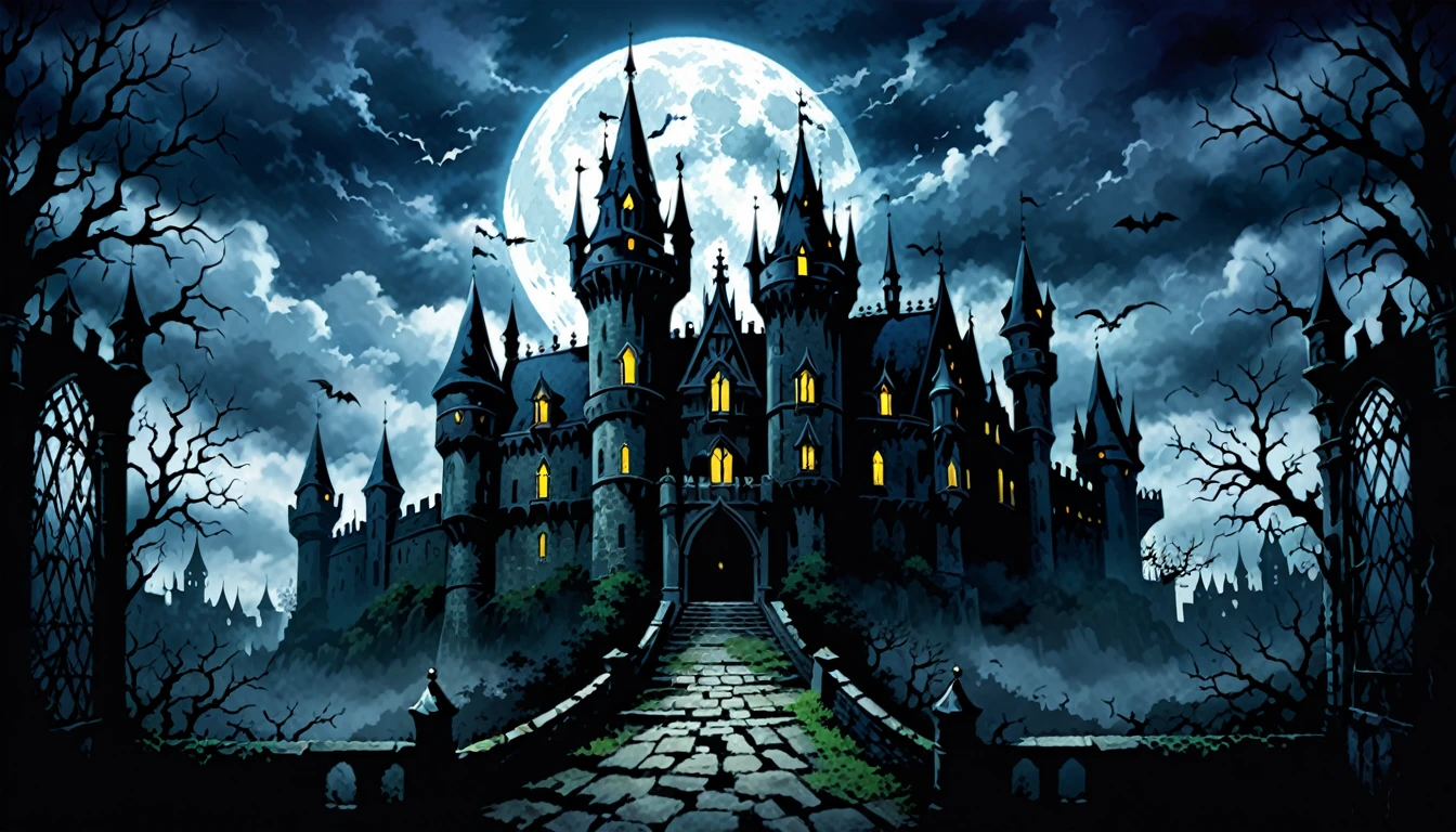 background、A gloomy scene in a horror castle、Gothic style、ダークなイメージのbackgroundの庭