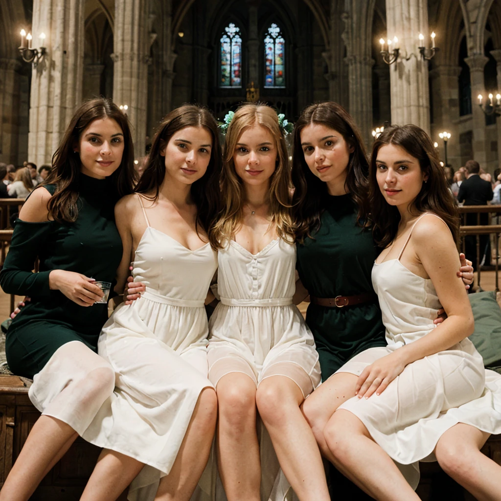(Masterpiece, 8k, 16k, uhd, best quality, fantasy photograpy, epic imagination), 3girls from Norge (cuddling, front to back:1.2) in a "gothic Cathedral" at midnight, beautiful, tender, late night, reading a book, chilled drink aisle, film scene, cinematic lighting, intense indoor white tube lighting, black dresses, green dressees, rose dresses, woman blonde, woman hair black, woman redhead, big tits