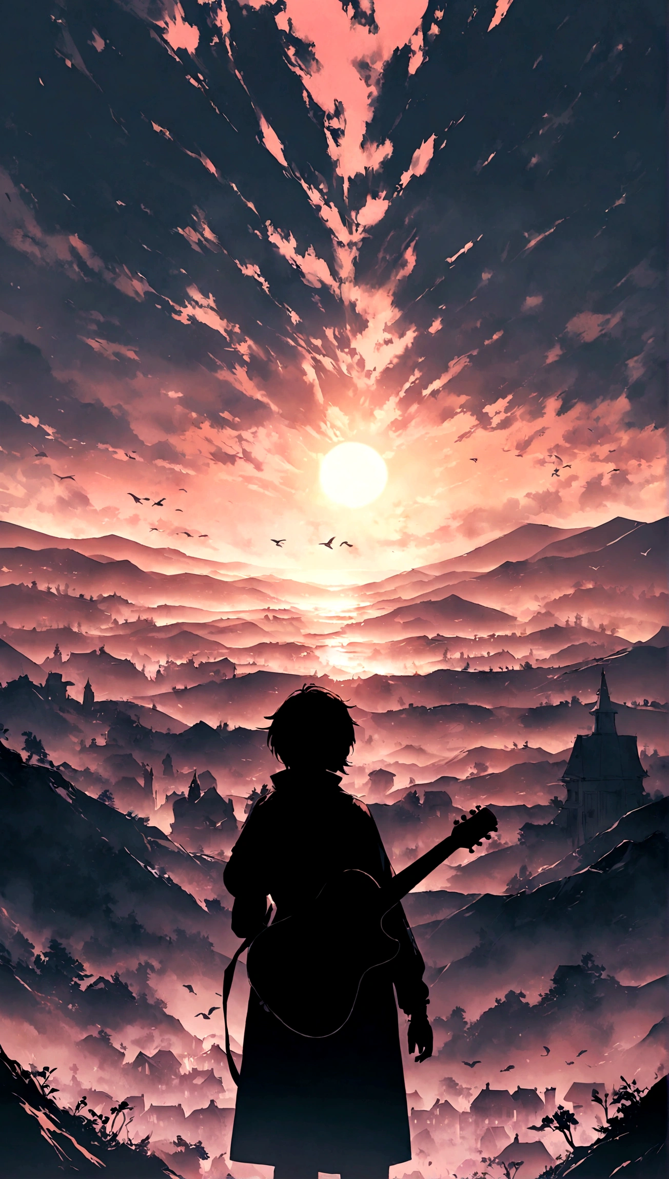 appearance,Sobma Te Grande Corner, The horizon is infinite, The morning is bright, The earth is clear, The remains of some Gothic houses remain in the morning mist, The entire environment is reflected in the clear and bright sun, In the middle of the photo is a boy holding a guitar, Around, still, The entire image is in color, There is light and shadow. Humanity. Birds and feathers fly around a boy holding a guitar towards the horizon