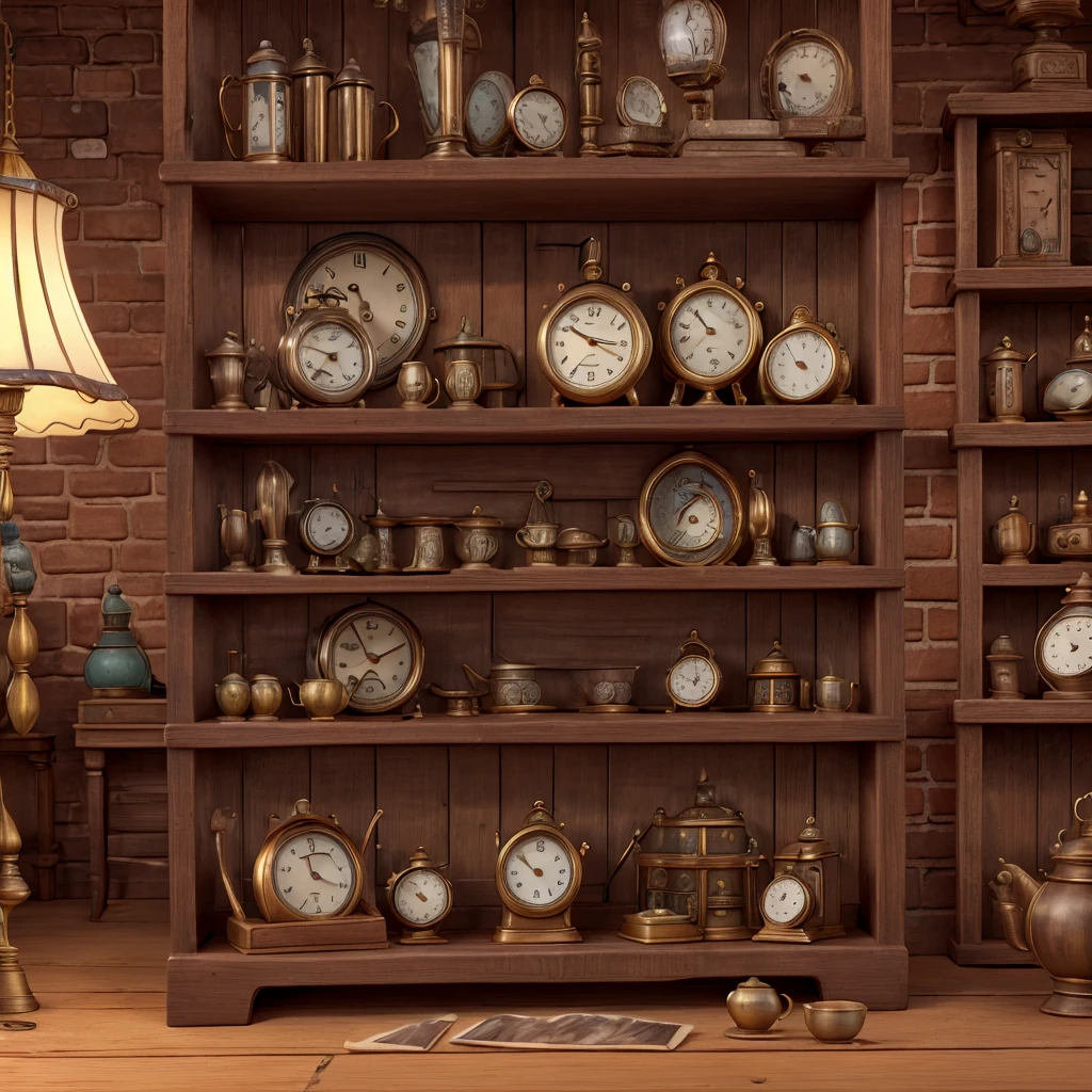 Impressive ultra-high resolution 3D scene, showing 1 watch, in an antique store. Beautifully drawn to the smallest detail. apparently, like an old watch on a chain in the background, lying on the shelf. Various things in the background, antiques.Making a Dreamer, Magic effect. The general atmosphere is soft, Full of hope and calm