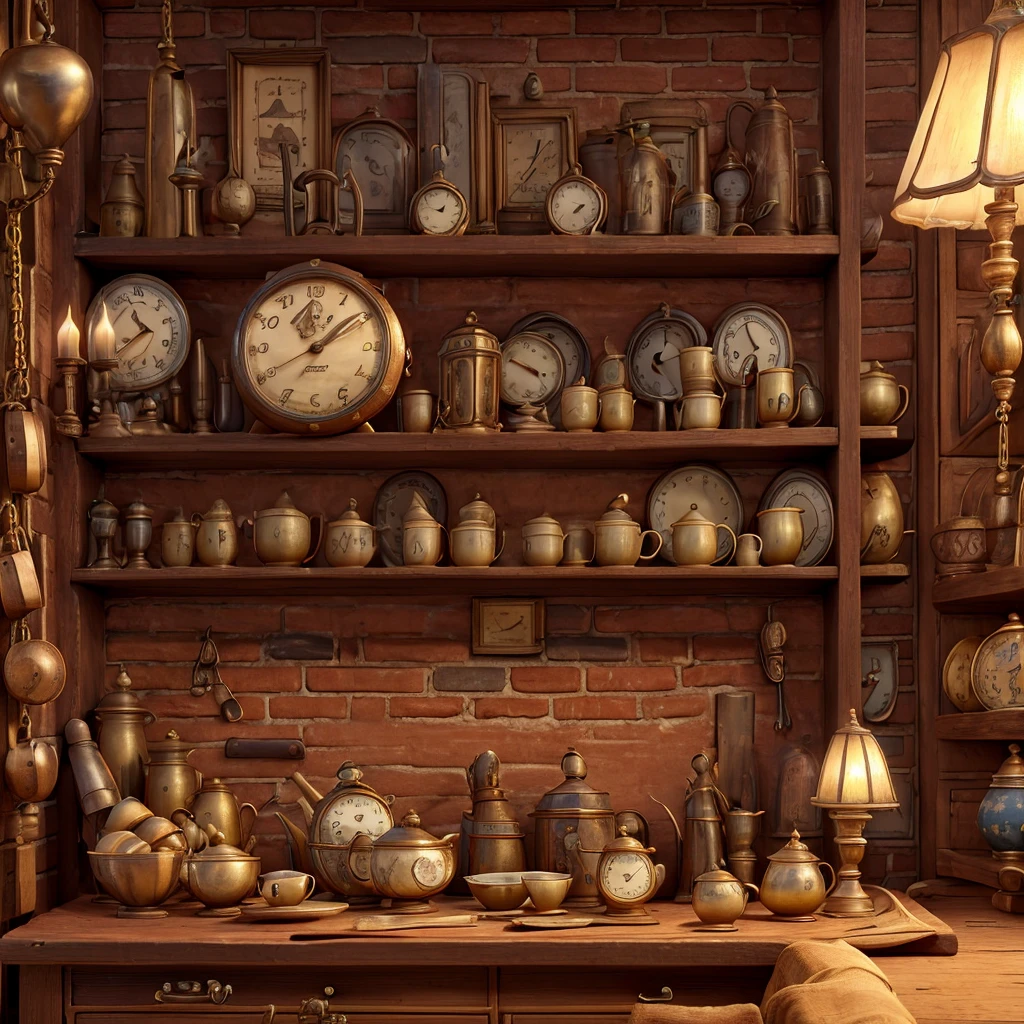 Impressive ultra-high resolution 3D scene, showing 1 watch, in an antique store. Beautifully drawn to the smallest detail. apparently, like an old watch on a chain in the background, lying on the shelf. Various things in the background, antiques.Making a Dreamer, Magic effect. The general atmosphere is soft, Full of hope and calm